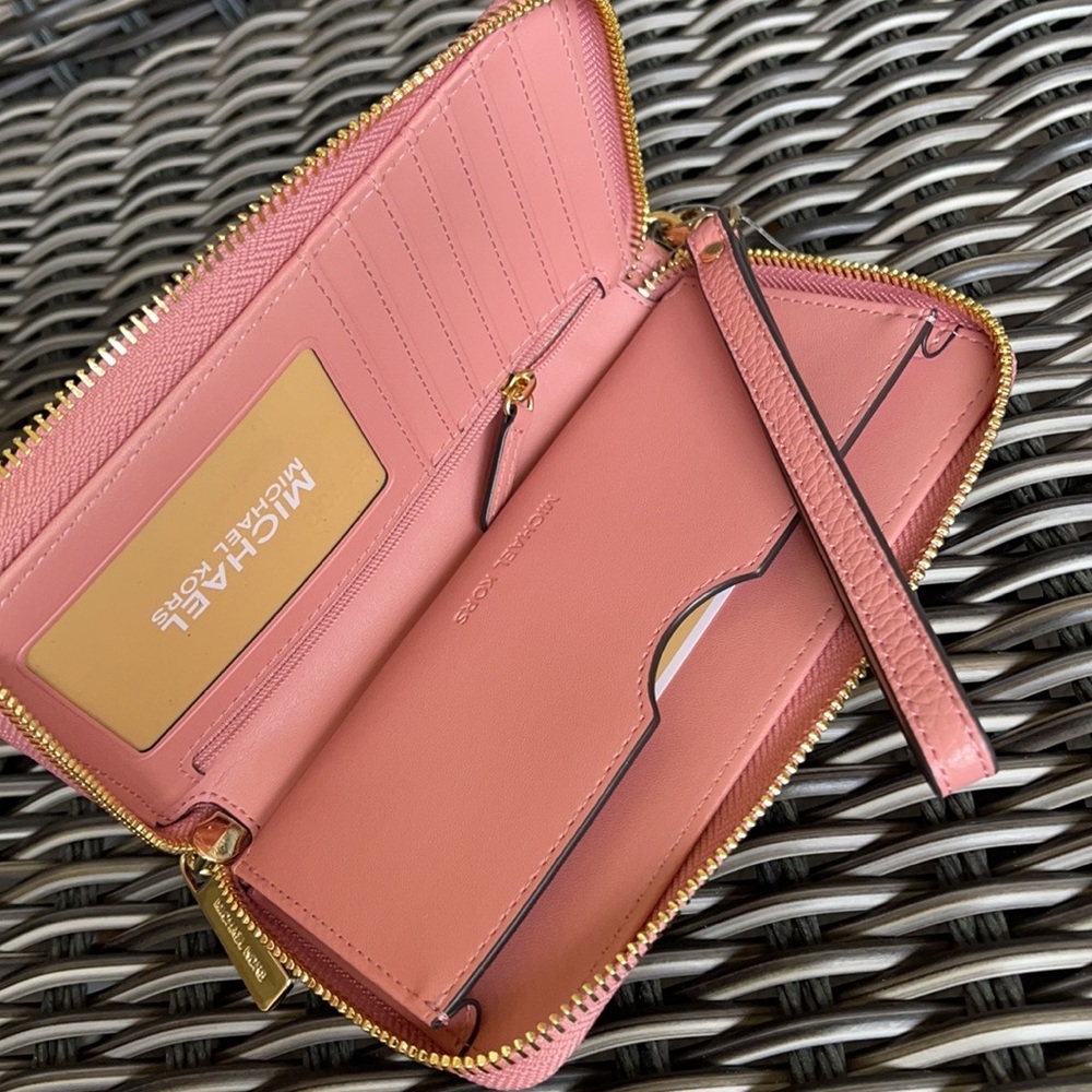 Michael Kors Large Flat MF Phone Case Leather Wallet in Sunset Rose - Picture 15 of 16